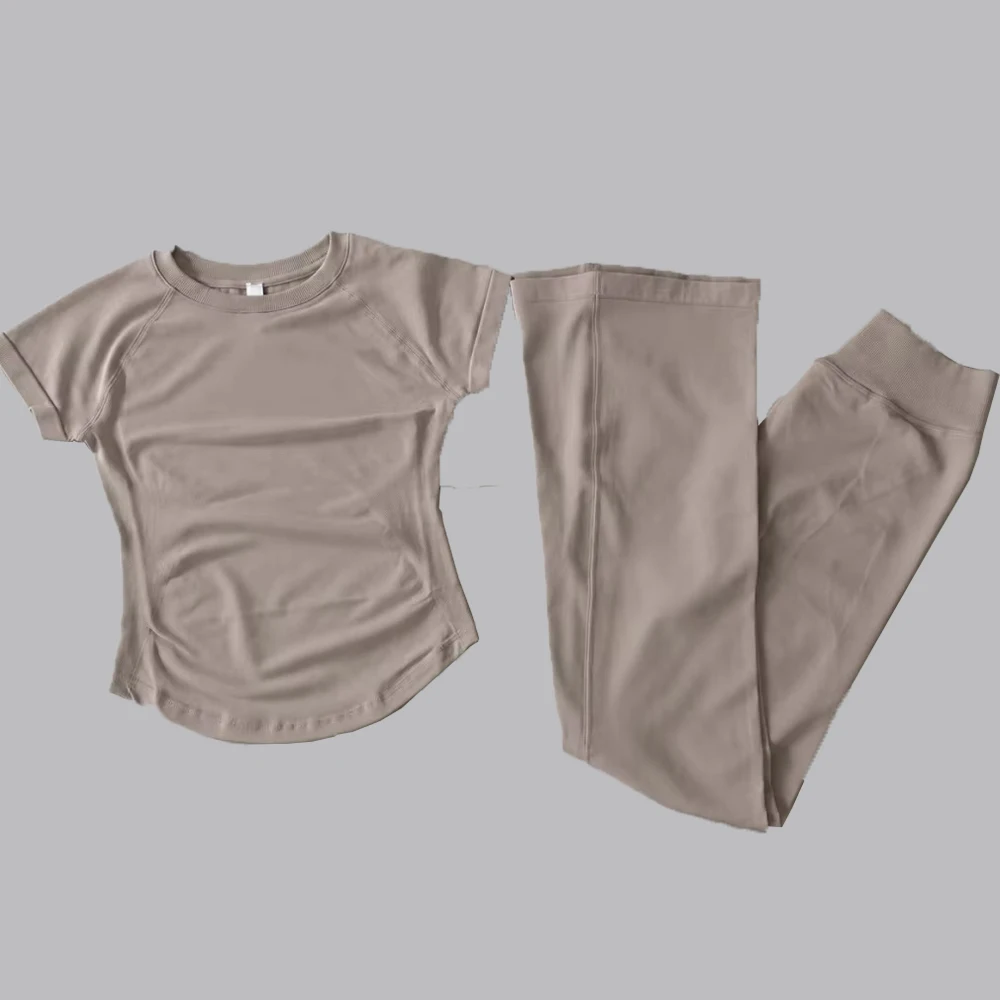 2-teiliger Sportanzug, kurzärmeliges, nahtloses Yoga-Oberteil, Damen-Fitness-Trainingshose mit Schlaghose, Gym-Set, Sporthose – Detail 5
