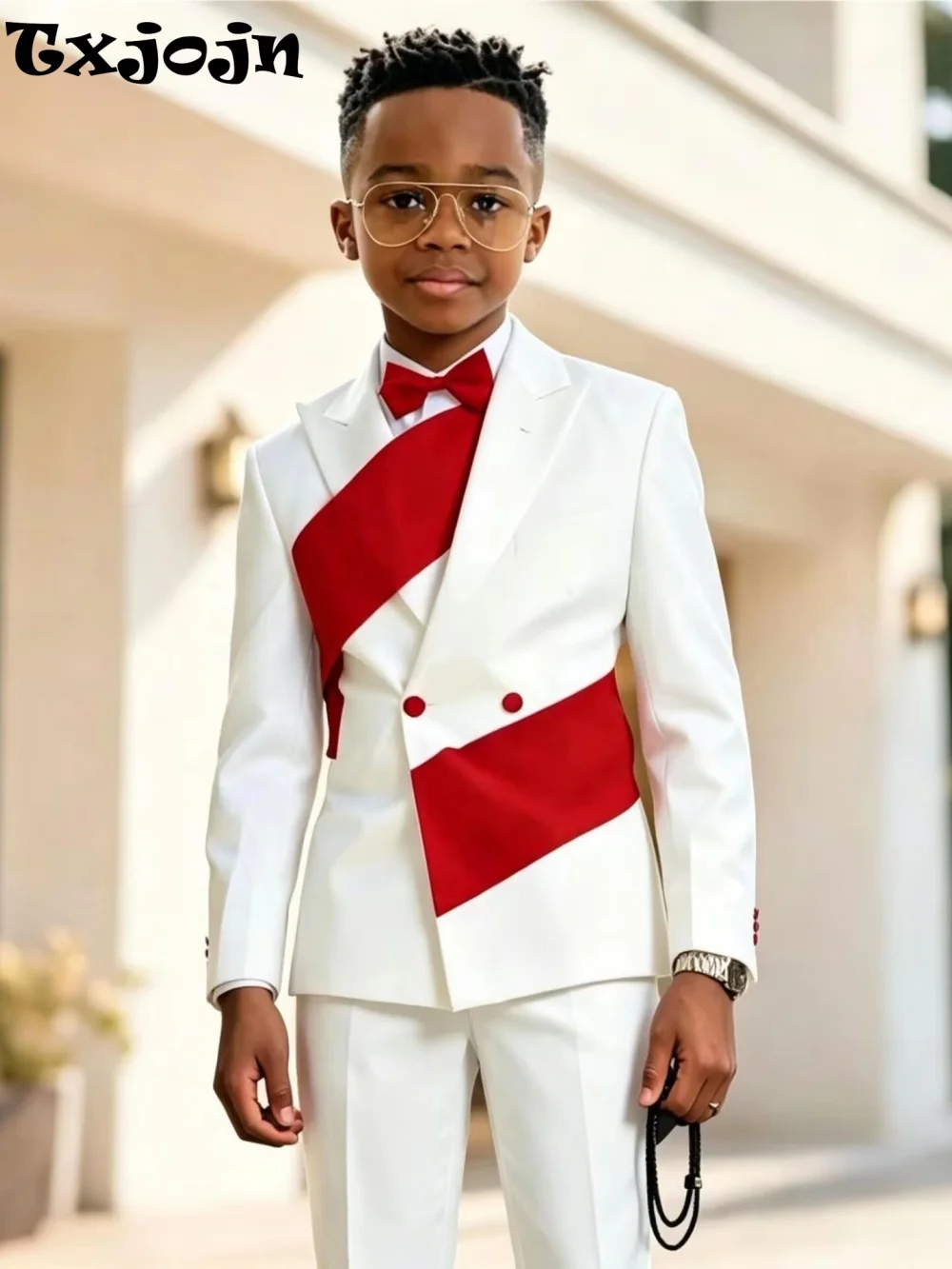 Boys White Red Patchwork Suit Set 2 Pieces Jacket Pants Wedding Ring Bearer Outfit Premium Double Breasted Kids Slim Fit Tuxedo