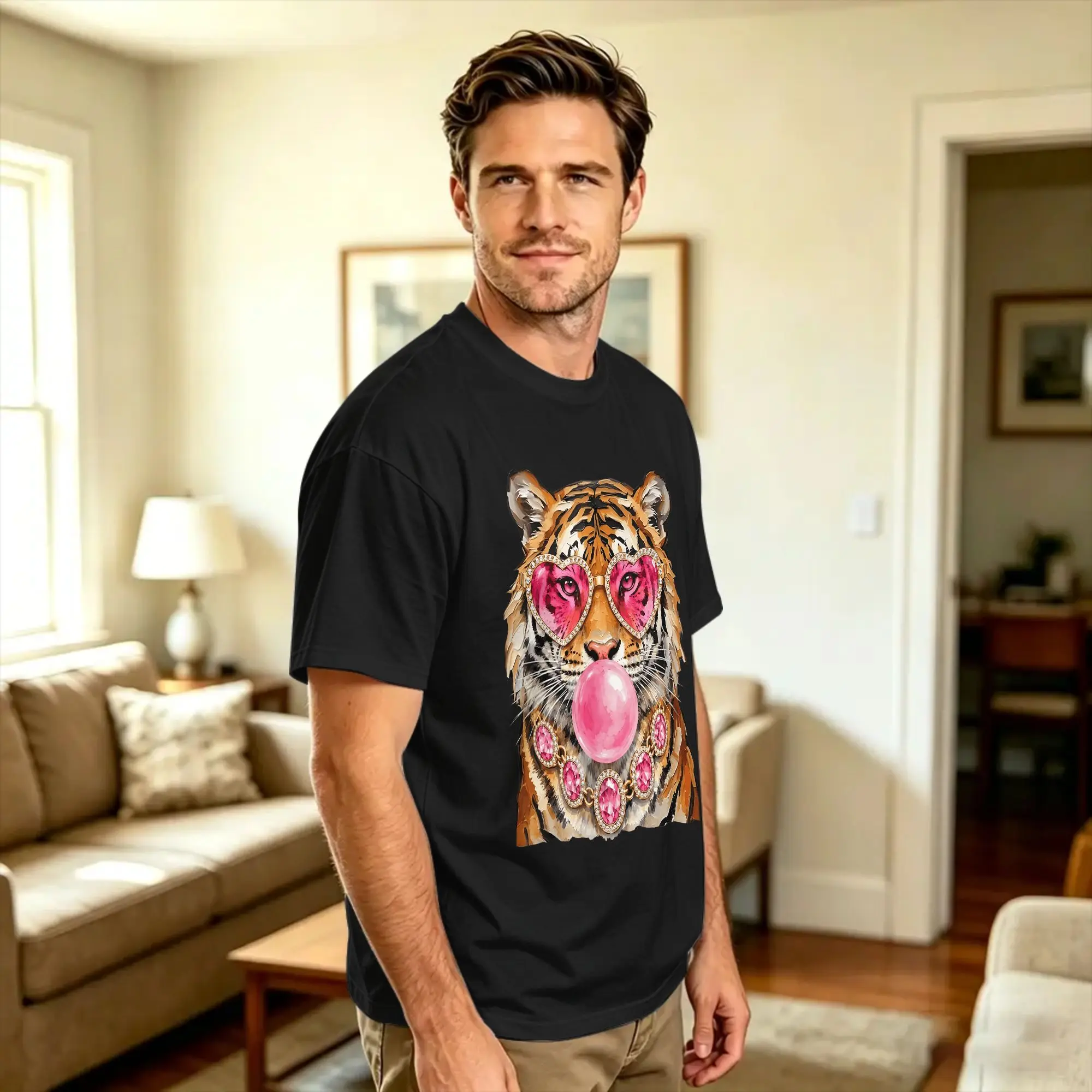 Man T-Shirt Cool Tiger Roar Leopard Sunglasses Funny Glam Tiger T-Shirts Harajuku  Summer Tee Shirt Streetwear Cotton Clothes