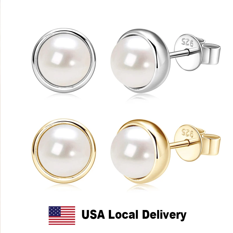 

925 Sterling Silver Charm Pearl Beads Stud Earring for Women Bezel Setting Natural Freshwater Pearl Earrings Jewelry Party Gift