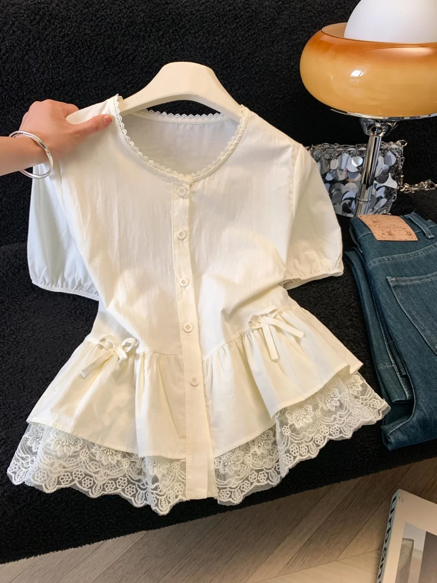 

Korean Style Sweet Lace Trim Short Sleeve Shirt Women Summer Charming Youthful Miniature Waist Cinch Skirt Unique Top