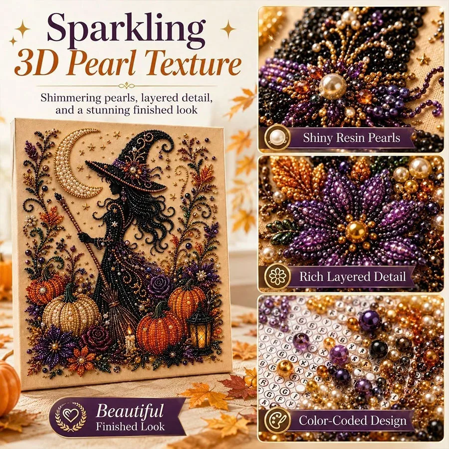 Halloween Hexen-Geister-Perlen-Kunst-DIY-Set, Perlen-Malset für Erwachsene, Halloween-Perlen-Diamant-Malerei (verschiedene Designs verfügbar: Highland-Kuh, Hexe, Geist, Kürbis, Schwarze Katze, Totenkopf, Krähe), handge – Detail 2