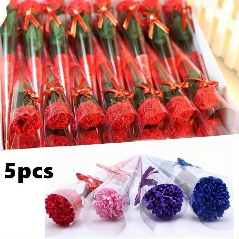 Paquete de 5 Flores de Jabón de Clavel, Regalo para el Día de San Valentín, Día del Maestro, Día de la Madre, Decoración para el Hogar, Fiestas, Celebraciones y Eventos