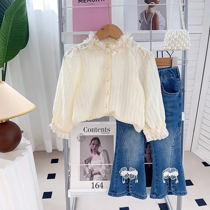 

Girls' Shirt Spring and Autumn Style Fashionable Pearl Lace Base Shirt Children's Top
