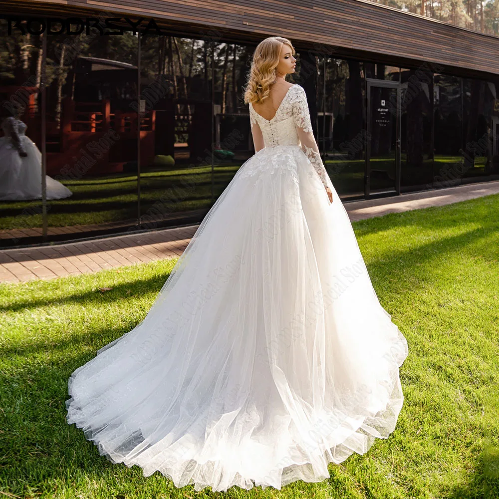 RODDRSYA Lace A-Line Wedding Dress Applique Long Sleeves Civil Sweep Train Vestido Novia Custom Made Civil Bride Dresses
