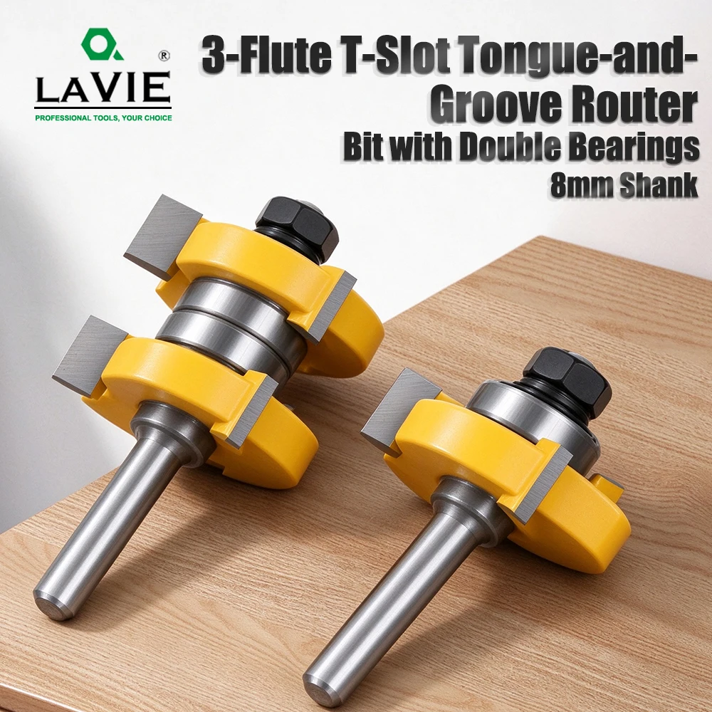 LAVIE 8mm Shank 3-Flute T-Slot Tongue Groove Router Bit Set, 1/2