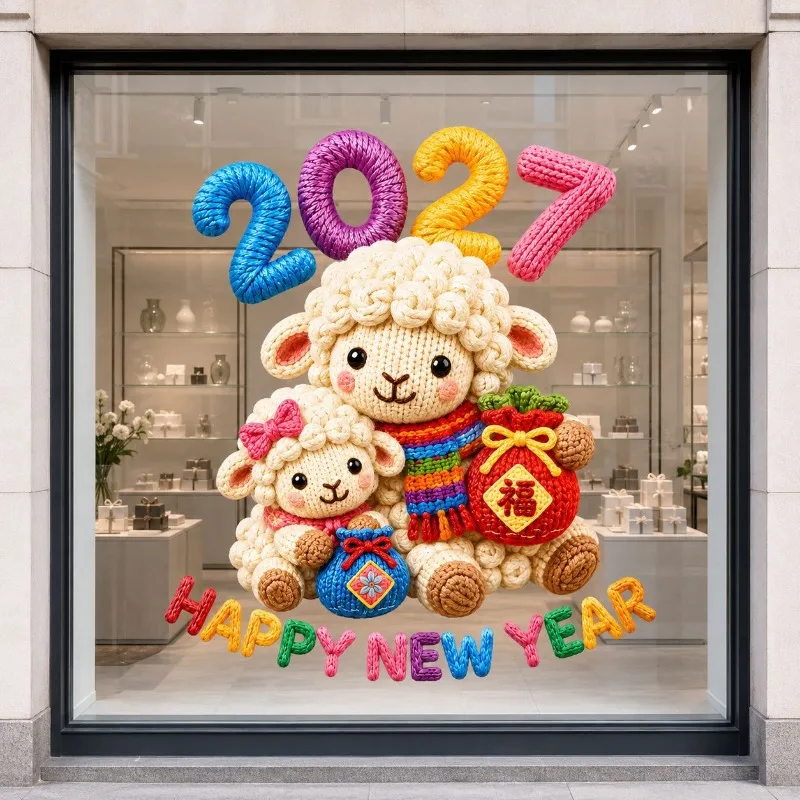 2027 Happy New Year Window Sticker Knitted Sheep Design Both Sides Same Color for New Year Gift Home Decoration