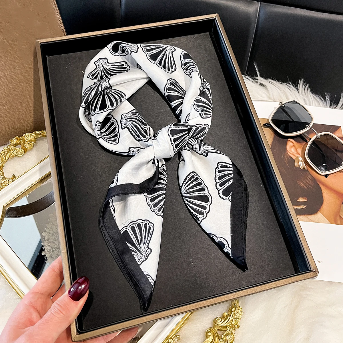 

70CM New Summer Silk Square Scarf for Women Shell Print Shawl and Fashion Bandana Headscarf Bag Tie Ribbon use for vacation