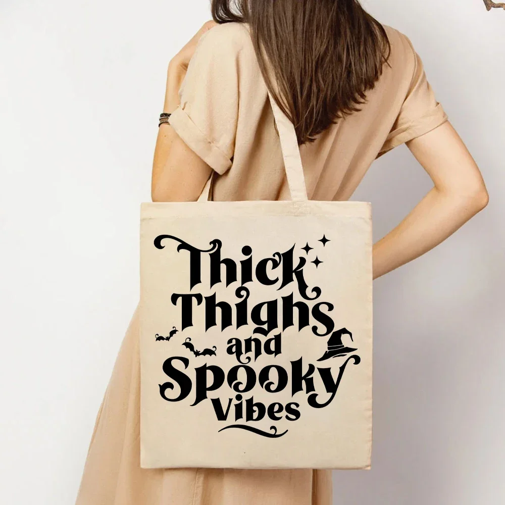 Thick Thighs and Spooky Vibes Tote Bags Spooky Season Bags Funny Halloween Tote Bag for Women's Halloween Party Womens Hand Bags