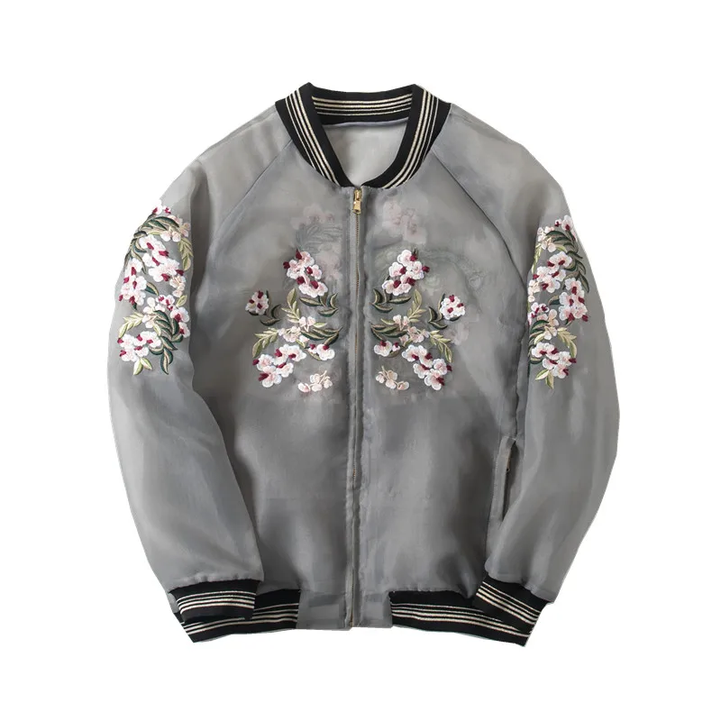 Women Luxury Floral Embroidery Bomber Jacket Perspective Coat Vintage Zipper Streetwear Outerwear Organza Cardigan Tops 2021