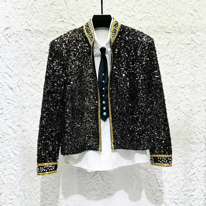 Personalized Cardigan Male Jacket Fashion Trend Design Diamond Embroidery Sequin Decoration Handsome Dress Coats AFQ7