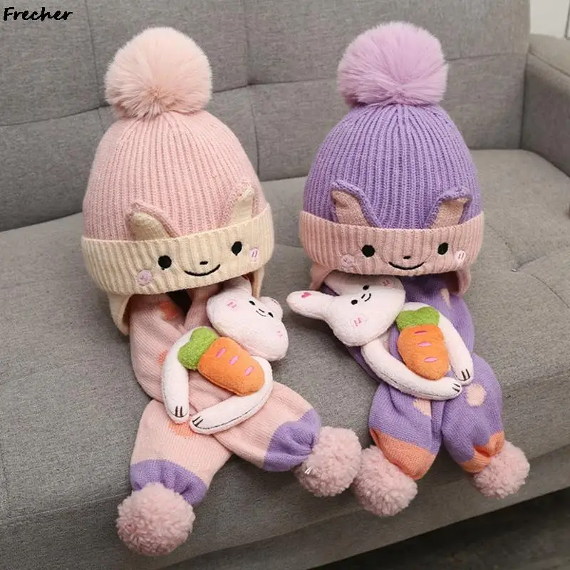 2PCS Kids Scarf Hat Set Cute Animal Beanie Cap Warm Wool Skullies Beanies Baby Pompom Knit Balaclava Winter Dolls Bonnet Hats