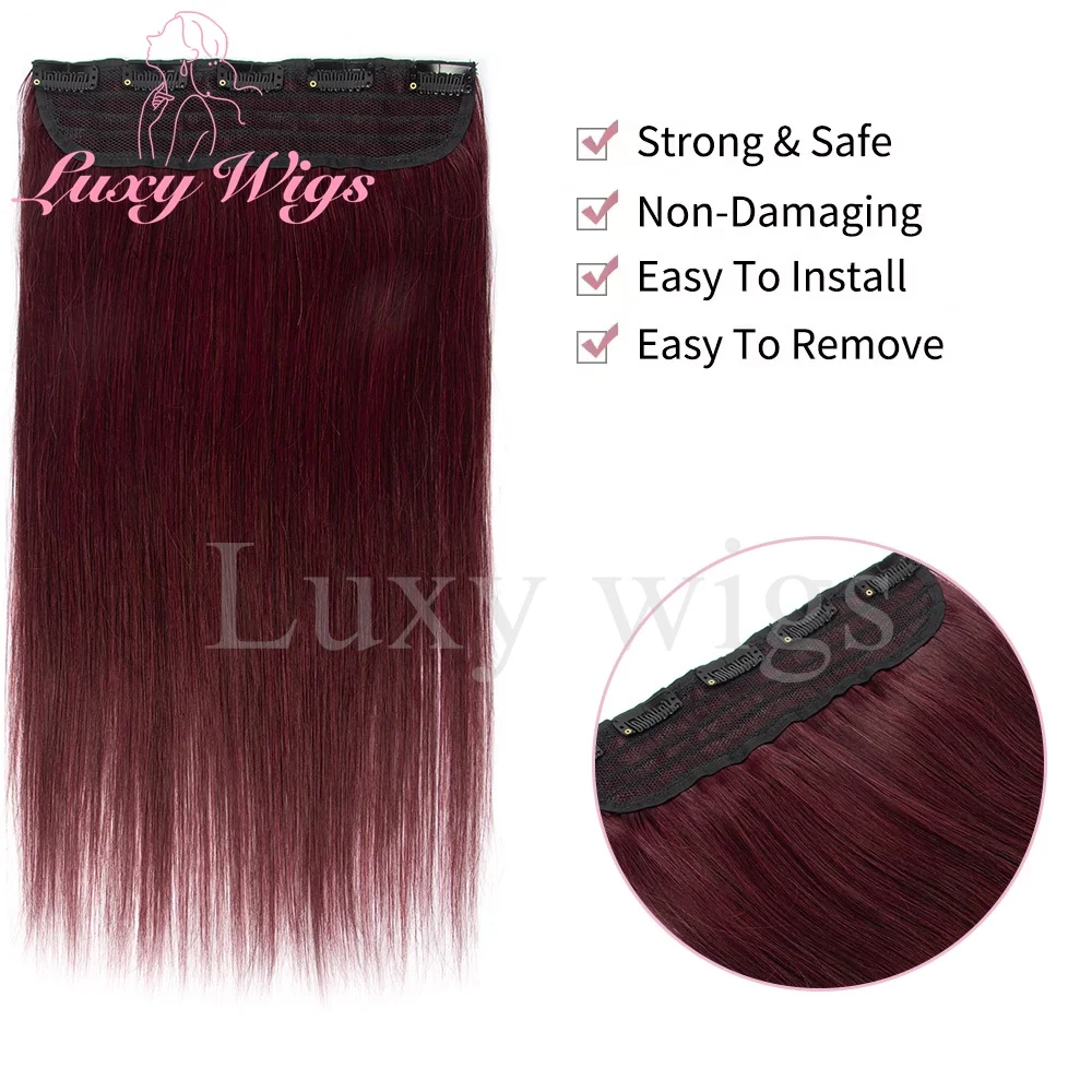 مشبك بورجوندي في قطعة واحدة وصلات شعر بشري بمشبك لحمة شعر بشري في قطعة شعر مستقيمة من الحرير البني الطبيعي للنساء