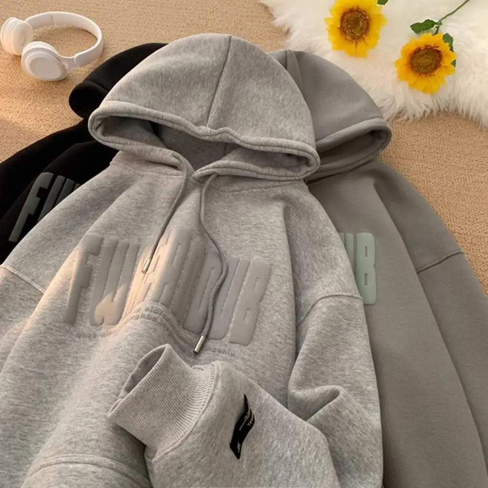 Men Fleece Hoodie Letter Print Drawstring Plush Big Pocket Hooded Pullover Top Loose Mid Length Top Thick Autumn Sweatshirt