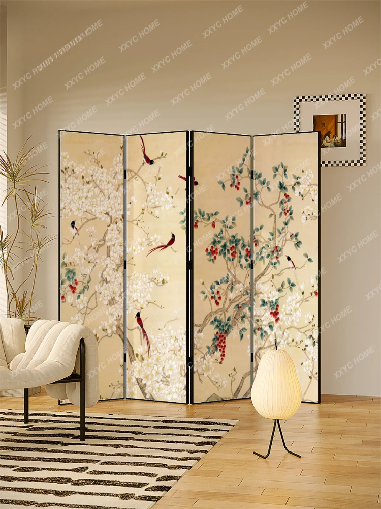 New Chinese Style Folding Movable Screen Flowers and Birds Background Partition Living Room Room Tea Room Dining Room Office