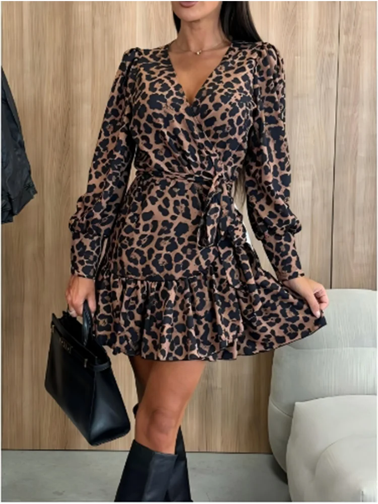 Sexy V-neck Bubble Long Sleeved Leopard Print Lace Up Women\'s Dress Elegant Dating Daily Versatile Autumn Dresses