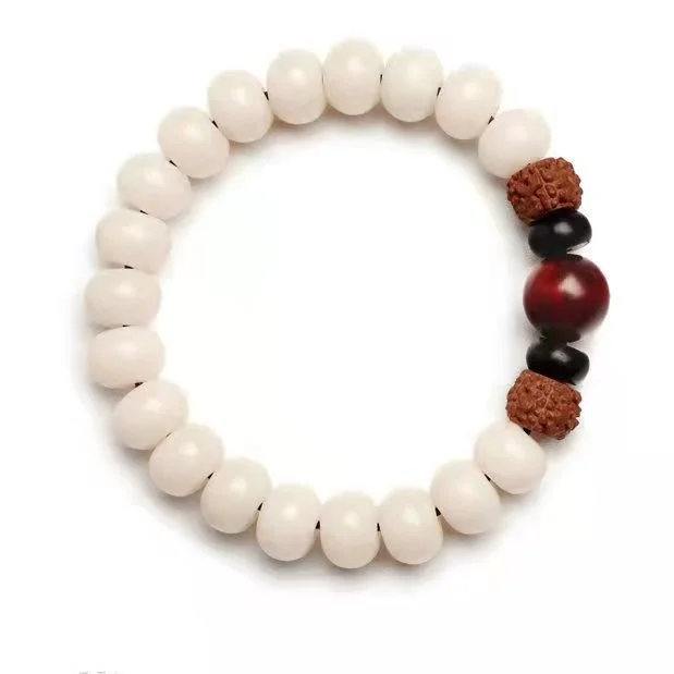 Natural Bodhi Root Bracelet White Jade Buddha Beads Barrel Single Loop Male and Female Ornaments