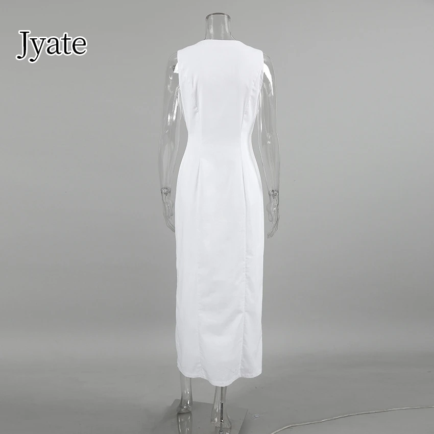 Jyate-Vestido largo sin mangas de lino y algodón blanco para mujer, Vestido largo sin mangas con botones y cuello en V, Vestido liso elegante para vacaciones 2024