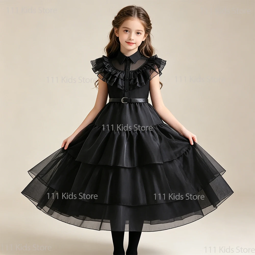 

Summer Black Princess Dress Girls Piano Perform Formal Elegant Layered Mesh Evening Dress Kids Wed Cosplay Dress Birthday Gift