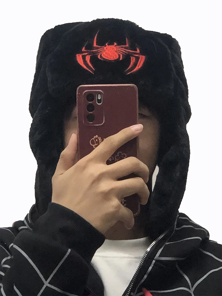 Autumn Winter Warm Ushanka Hat Y2K Black Spider Embroidery Hot Sale Winter Women's Cap Trapper Woman Ski Hats Caps Real She