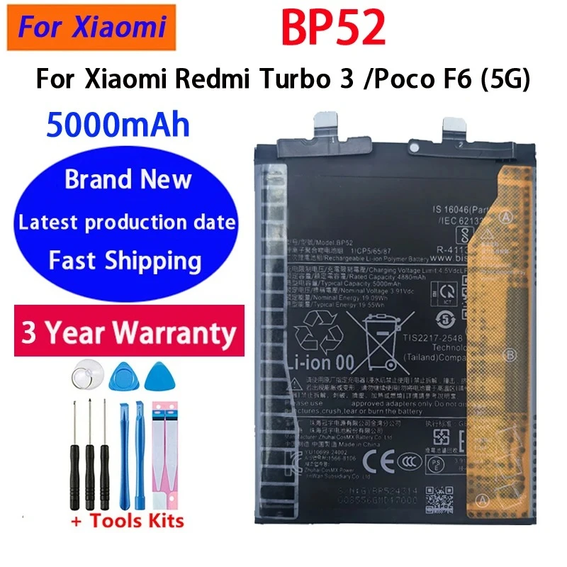 BP52 Phone Battery 5000mAh 3.91V For Xiaomi Redmi Turbo3/Poco F6 5G High Quality Rechargeable Batteries Bateria Batterij+Tools