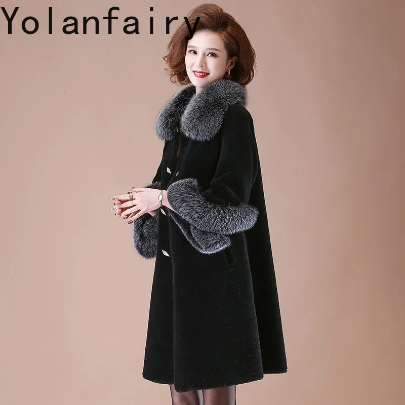 YOLANFAIRY-Casaco de pele real para mulheres, roupas longas, gola de pele raposa, roupas femininas, 100% lã, inverno, novo