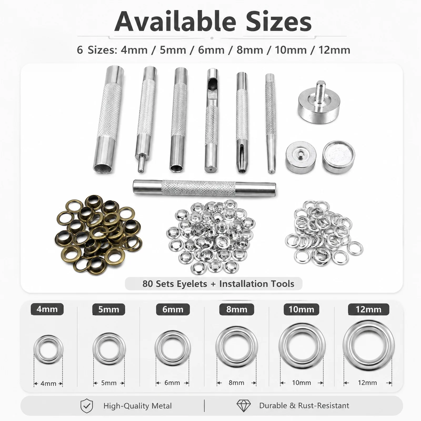 80sets Metal Eyelet Grommet Punch Installer Tool Set for Belt Clothes Canvas Curtains Shoes Tent 4mm 5mm 6mm 8mm 10mm 12mm