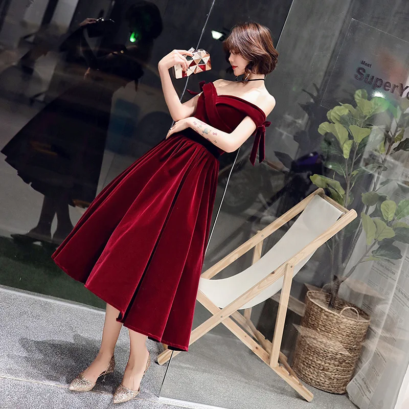 It\'s YiiYa Cocktail Dresses Boat Neck Bow Strapless Party Formal Dress Wine Red Velvet Lace up A-line Plus size Prom Gowns E363