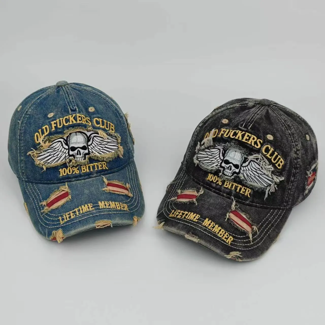 Washed Vintage Distressed Denim Baseball Cap with Heavy-Duty Skull Embroidery, Frayed Edges, Ripped Design, Soft Top, Men's Biker Style Duckbill Cap