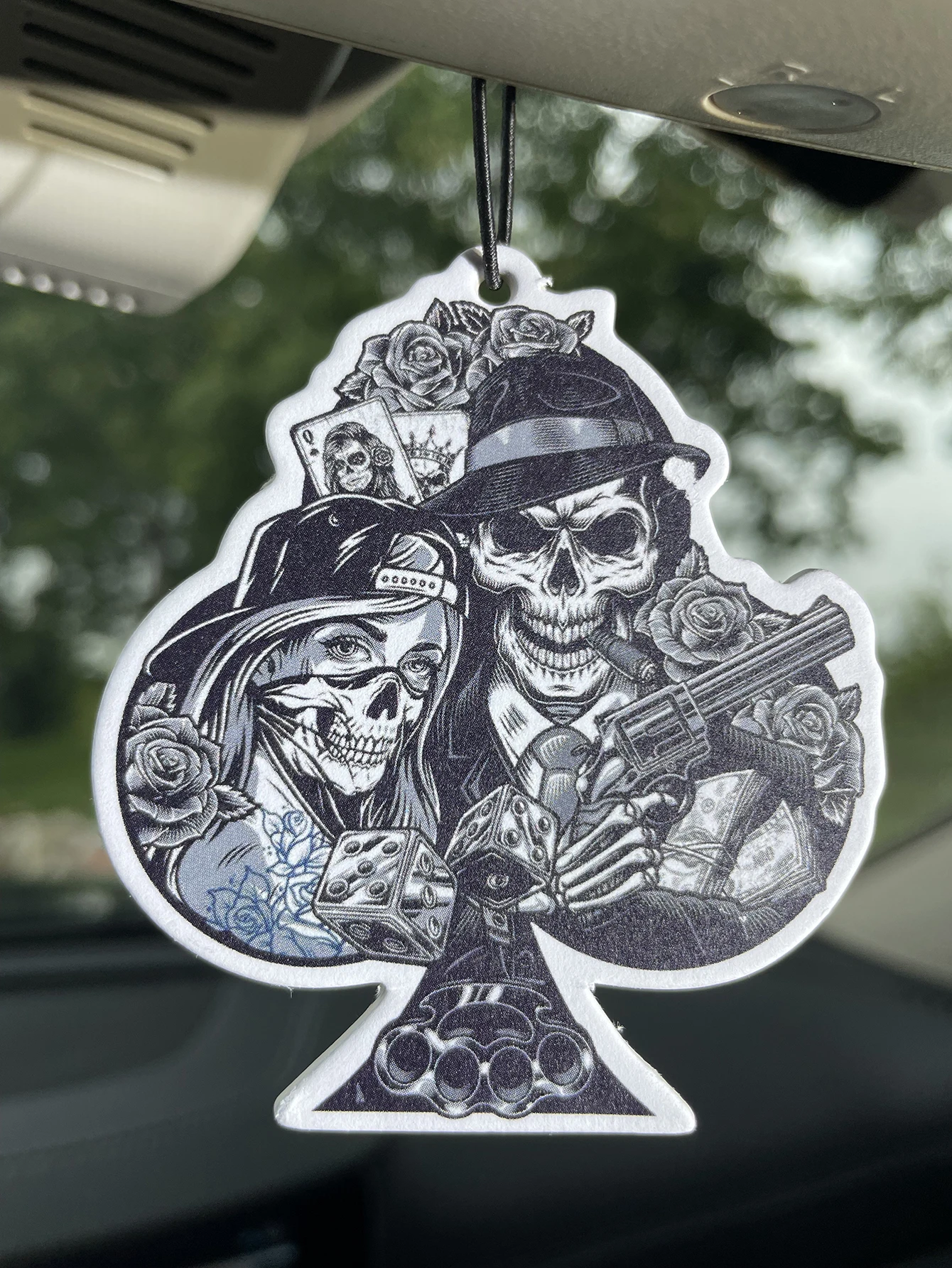 Spade Shaped Skull Couple Hanging Car Air Freshener, Retro Gangster Skeleton Rose Poker Dice Graphic Scent Card, Natural Plant E