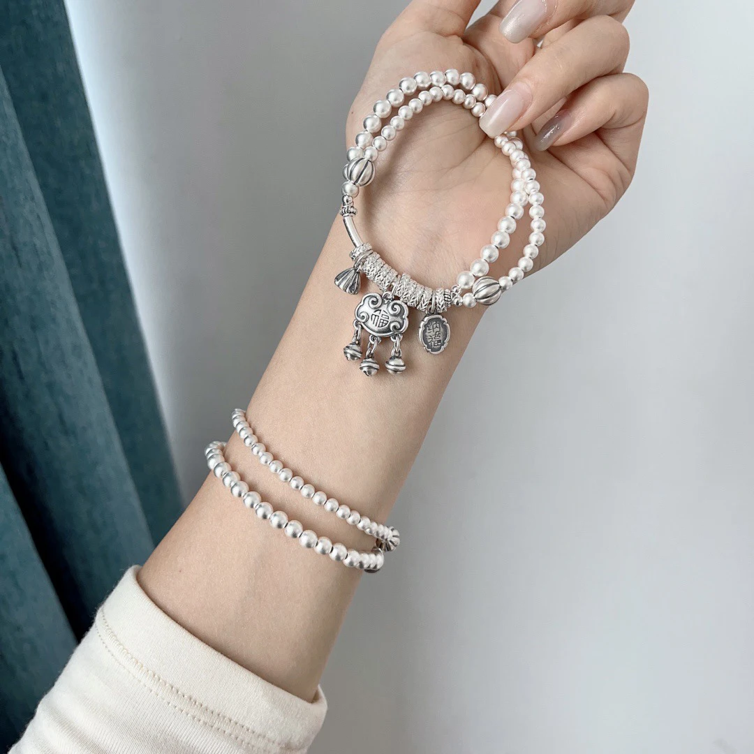 

Original Design Double Circle 925 Sterling Silver Beades Bracelet for Women Ethnic Lucky Lock Shape Charms Hand Chain SL150