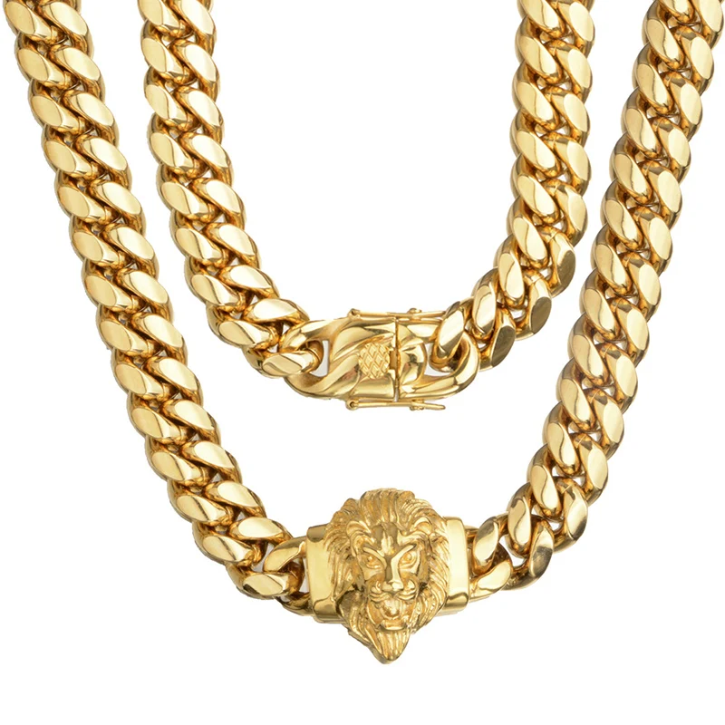 14mm Hip Hop Bling Gold Color Stainless Steel Lion Head Cuban Miami Link Chain Bracelets for Men Rapper Jewelry Drop Shipping