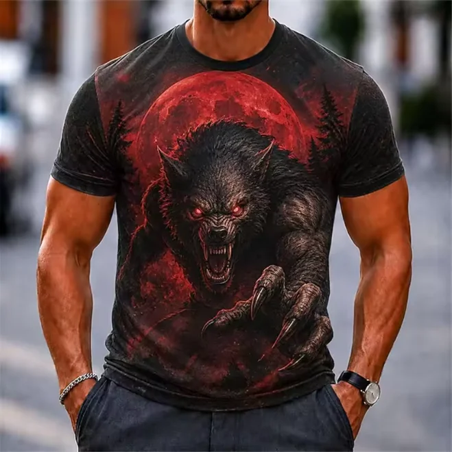 Family Matching Wolf Print Tee Set, Men's Kids Crew Neck Loose Drop Shoulder Tops, Hip-Hop Street Casual Short Sleeve Shirts