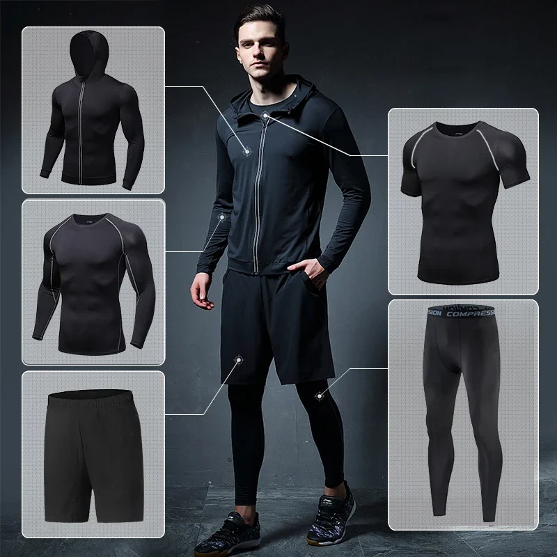 Mens Compression Sportswear Set Gym Running Sport Clothes Tight T-shirt Lycra Leggings Athletics Shorts Fitness Rash Guard Kits