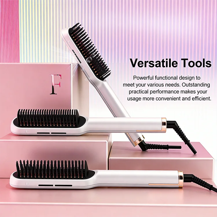 

Portable Hair Straightener Comb 2 in 1 Beard Straightener Curler Brush Electric Heating Comb