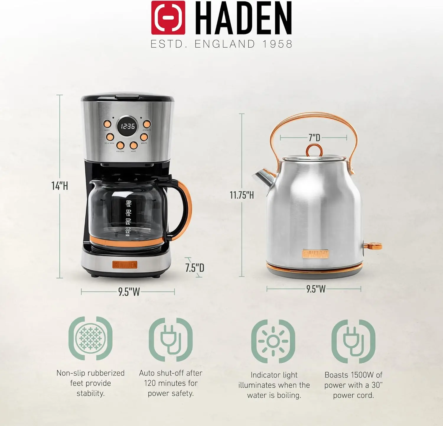 Bollitore elettrico Heritage da 1,7 litri in acciaio inossidabile con caffettiera a goccia da 12 tazze, macchina da caffè con spegnimento automatico, Ste