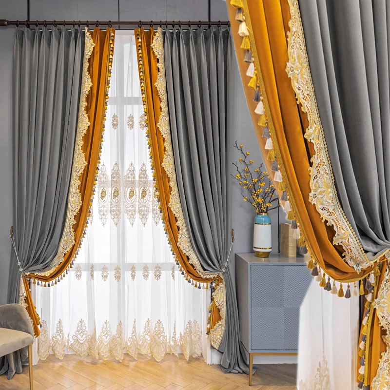 

high-end luxury atmosphere European French gray matching color shading velvet bedroom living room curtain villa drape C1228