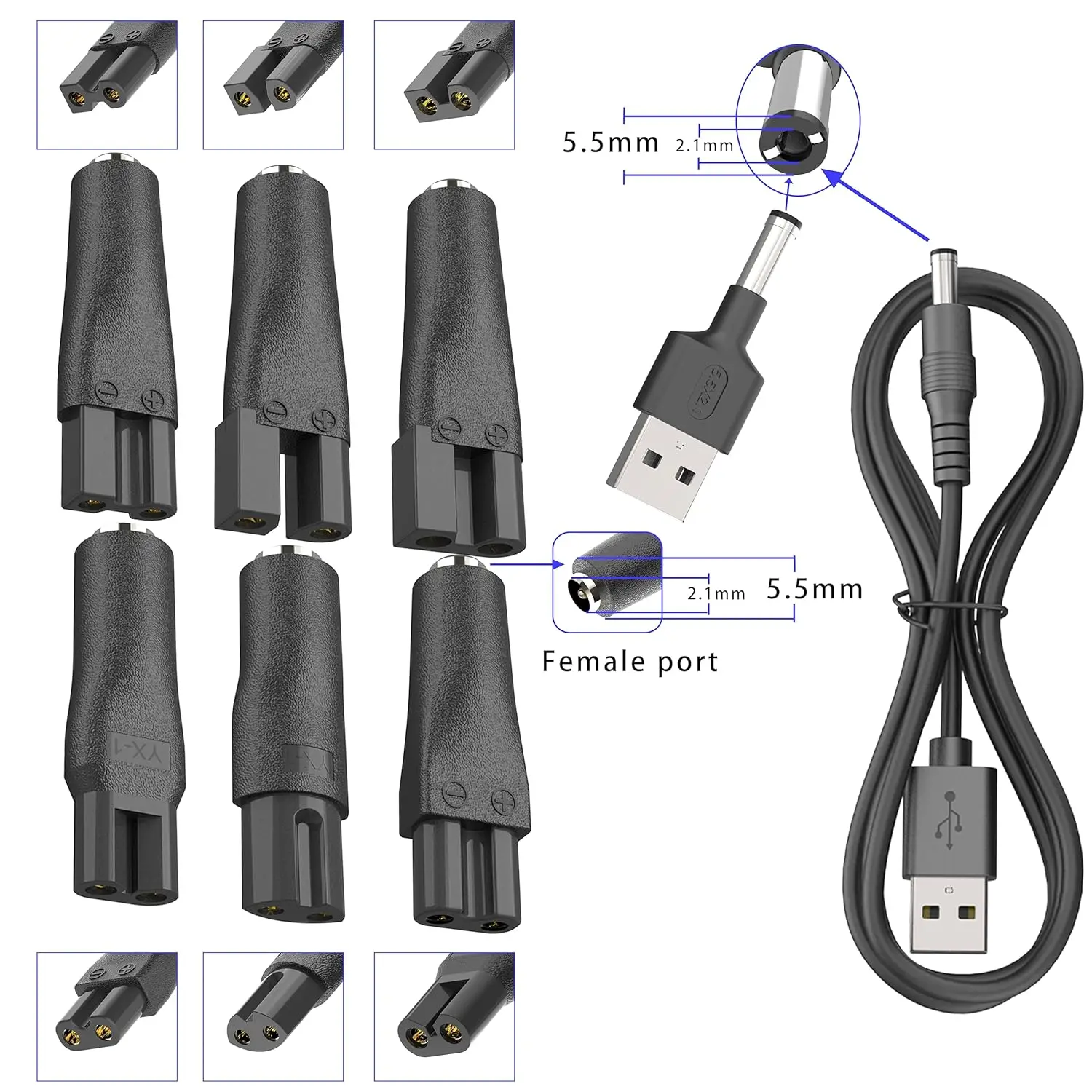 LISI 8 PCS Power Cord 5V Replacement Charger USB Adapter Suitable for All Kinds Hair Clippers, Beard Trimmers, Shavers