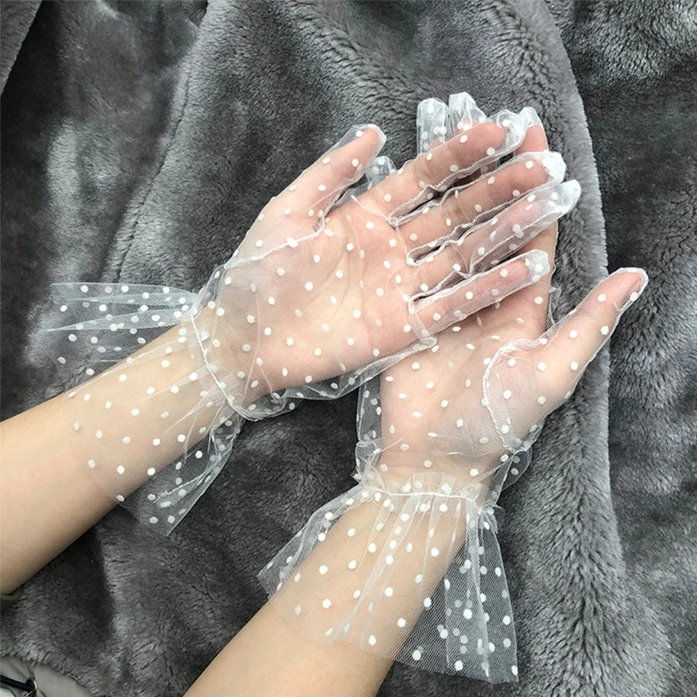 Wedding Summer Full Finger Sunscreen Falbala Stretchy Spots Spots Gloves Lace Mittens Tulle Gloves