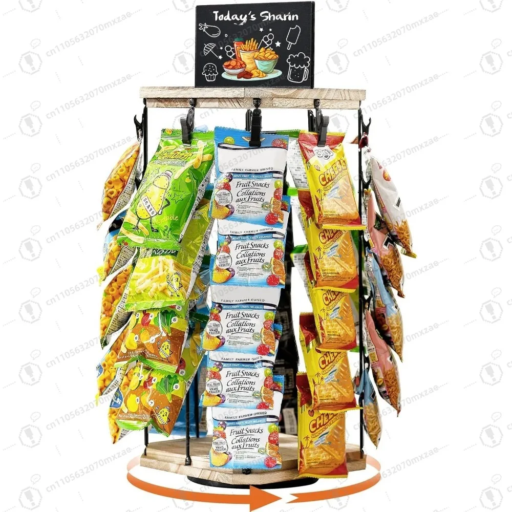 

5-Tier Rotating Chip Rack with Message Board, 40-Clip Snack Organizer on 360° Wooden Base for Concession Stands