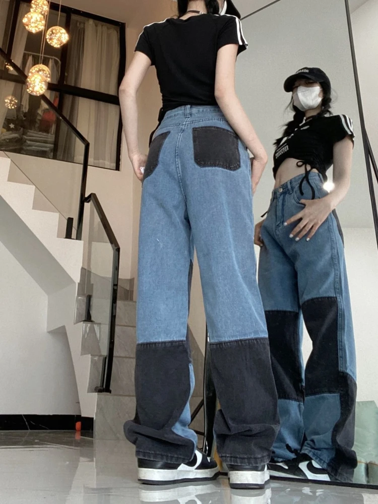 

Street Fashion Hip Hop Style Women Denim Pants Retro Patchwork Color Contrast High Rise Wide Leg Loose Fit