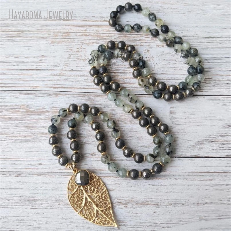 

10Pcs Pyrite Gemstone 108 Japa Mala Prayer Bead Necklace Spiritual Yoga Gold Color Leaf Charm Jewelry