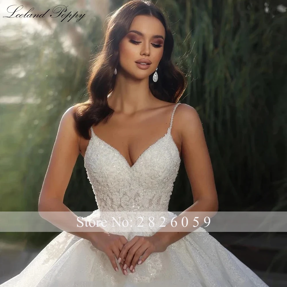 Lceland Poppy Customized V Neck Ball Gown Tulle Wedding Dresses Sleeveless Illusion Beaded Lace Bridal Gowns with Chapel Train