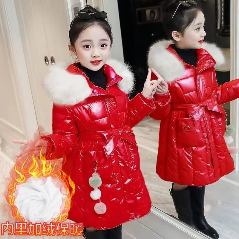 -30℃ Winter Glossy Padded Coats Big Kids Hooded Fleece Thick Warm Outerwear Cashmere Parka Snowsuit Jackets Girls Cotton Clothes