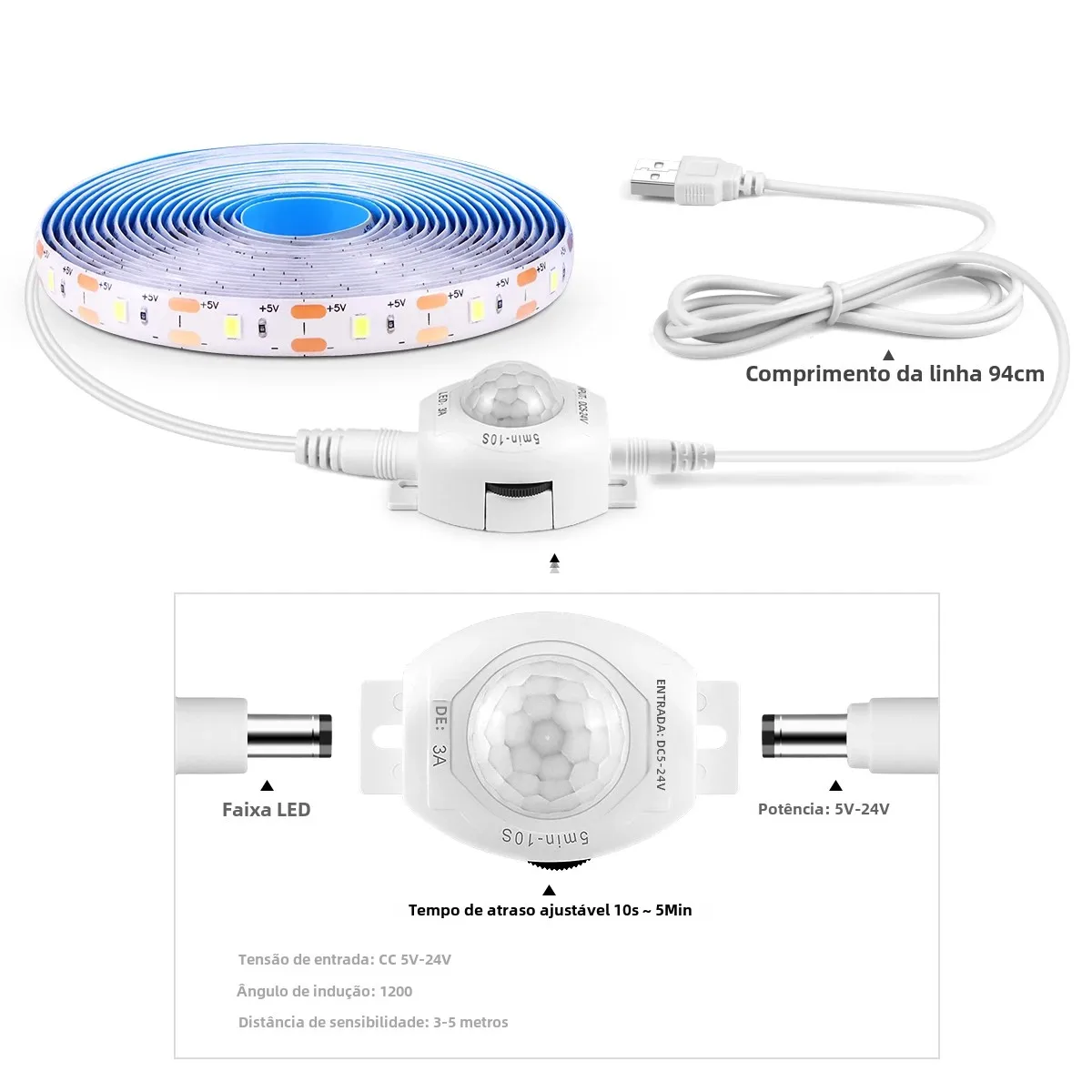 Usb 5v led luz de tira à prova dwaterproof água smd2835 com sensor movimento pir sensível tempo atraso ajustável para cozinha quarto corredor