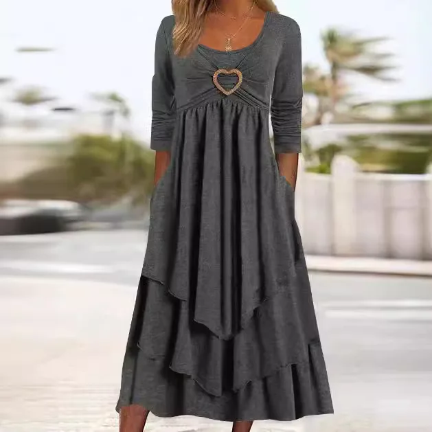 Elegant Multi Layers Splicing Cake Hem Dress Office Women Autumn High Waist Long Sleeve Dressy Female Love Heart Ruffles Dress
