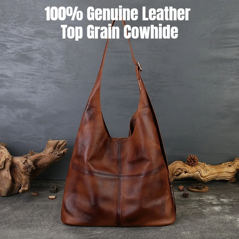 Tote Bag Genuine Leather Large Capacity for Women, Vintage Retro Top Grain Cowhide Shoulder/Crossbody Underarm Purse