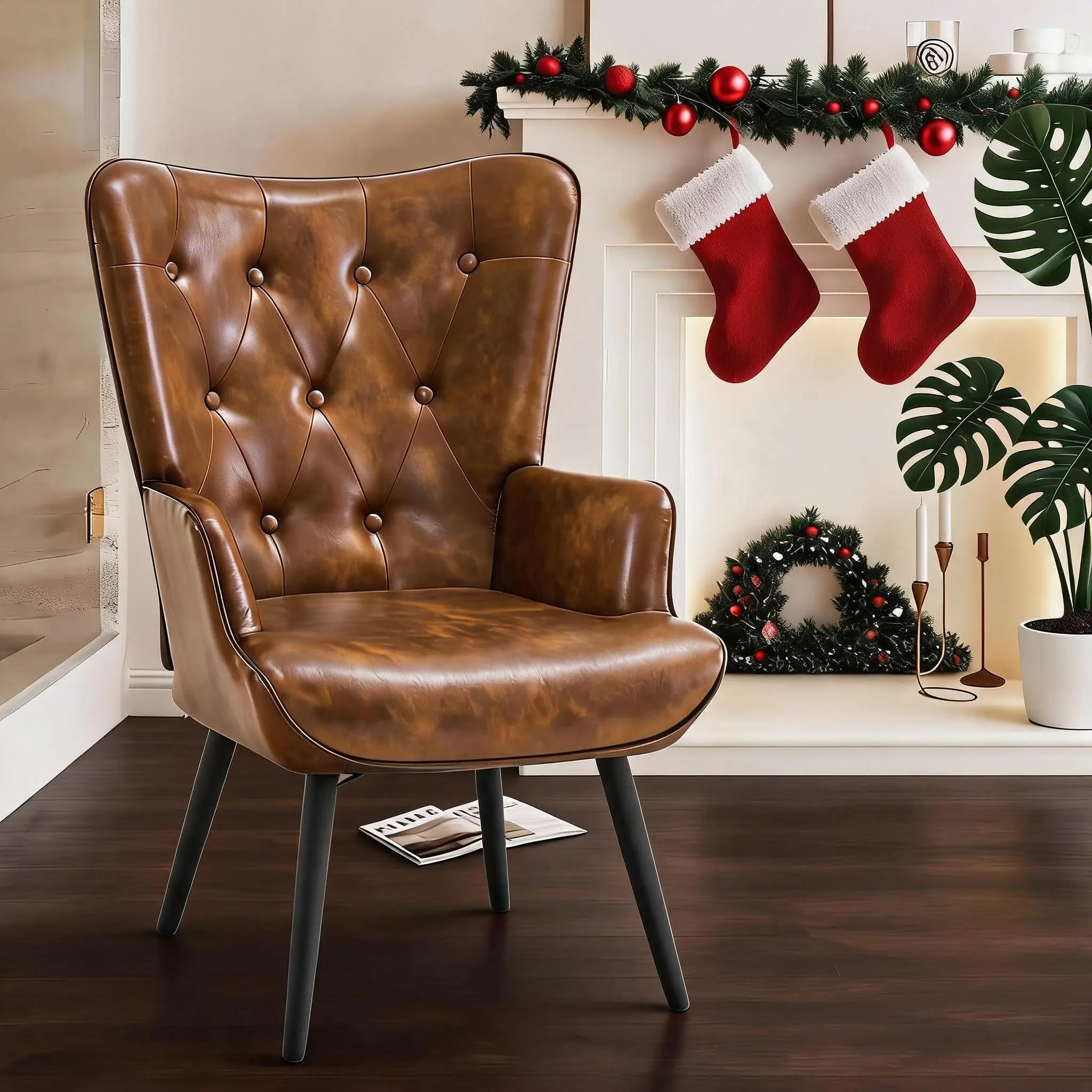 Faux Leather Accent Chair Mid Century Modern Living Room Chairs; Comfy Armchair Leisure Vanity Guest Wingback Chair for Office Study Vanity Bedroom Waiting Room PU Yellow Brown