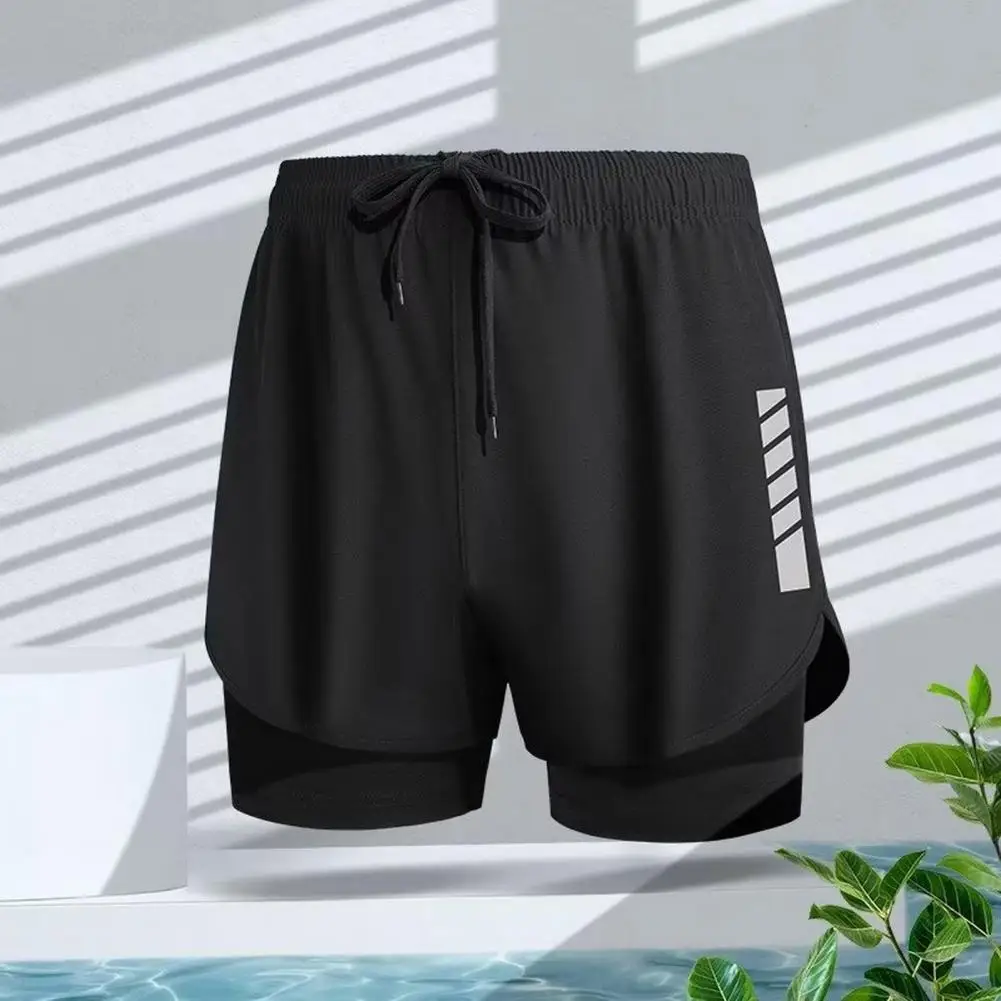 Men Swim Shorts Slim Fit Double Layers Quick Dry Swimming Pants Conservative Breathable Drawstring Elastic Waist Jogging Shorts