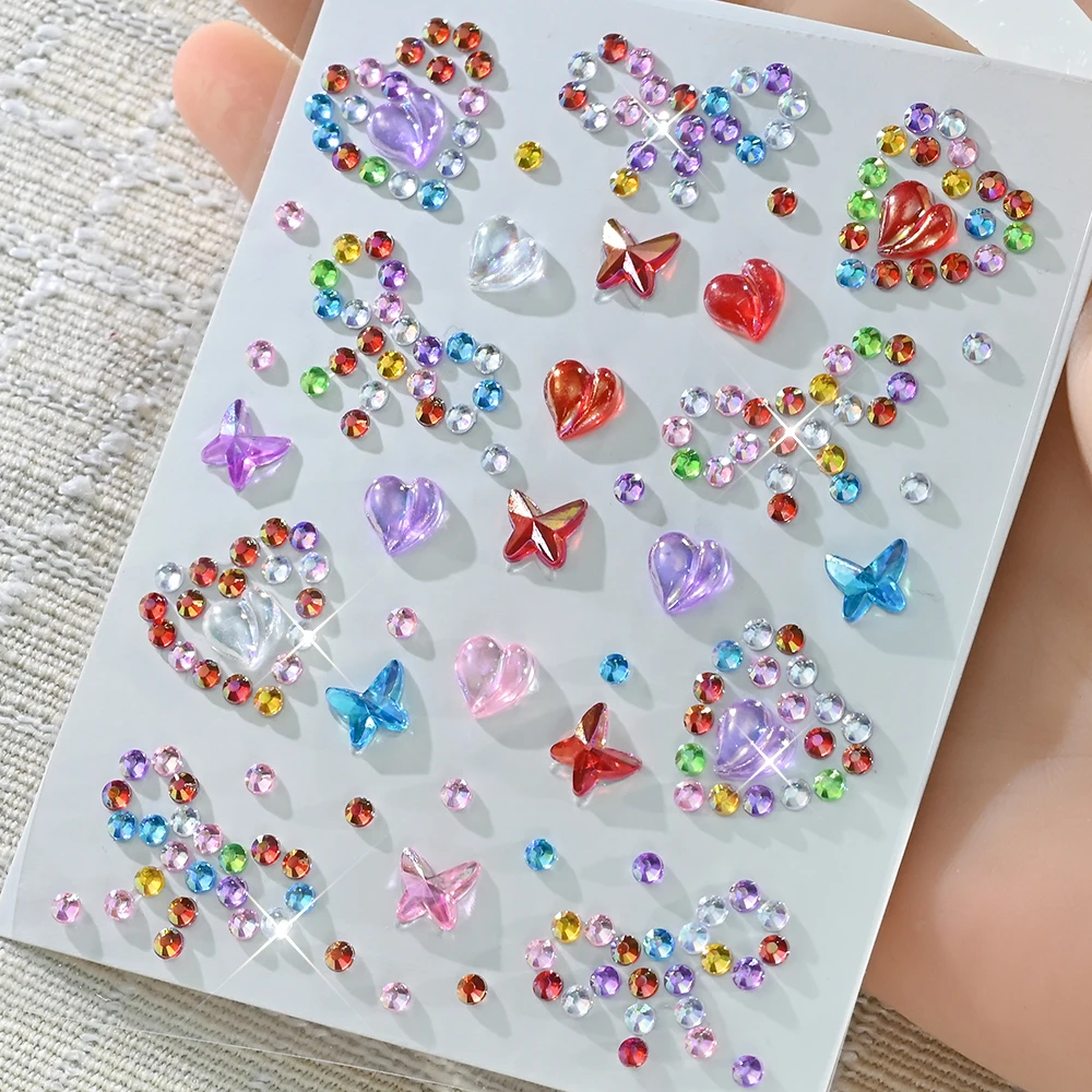 6 Stück/Set 5D gemischte bunte Diamant-Gesichtsstein-Aufkleber, glitzernde Sterne/Herzen/Blumen/Tropfen-Design-Strass für Augen/Gesichtsaufkleber – Detail 10